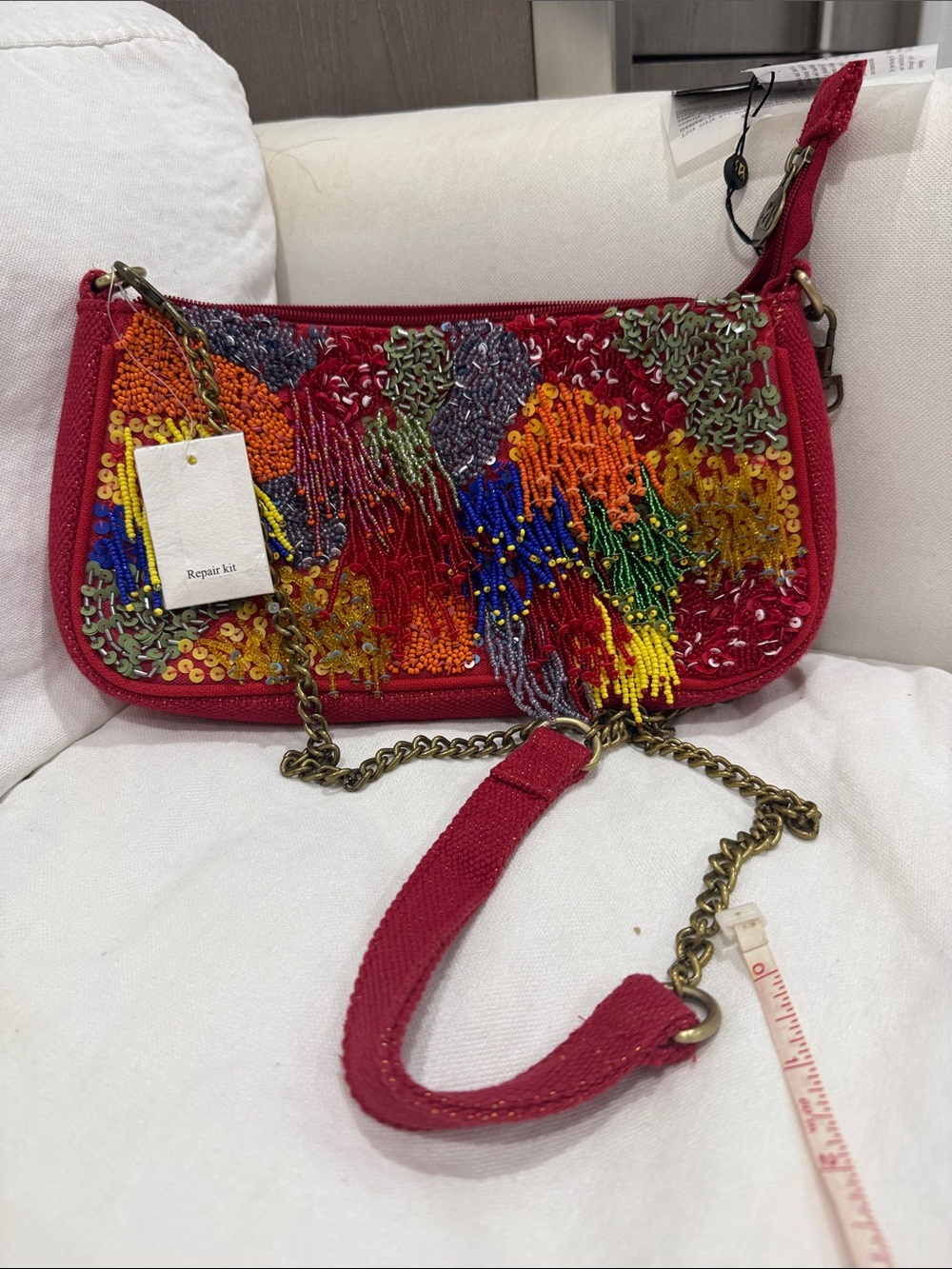 America & Beyond Beaded Multicolor Red Wristlet Clutch with Chain Strap.NWT